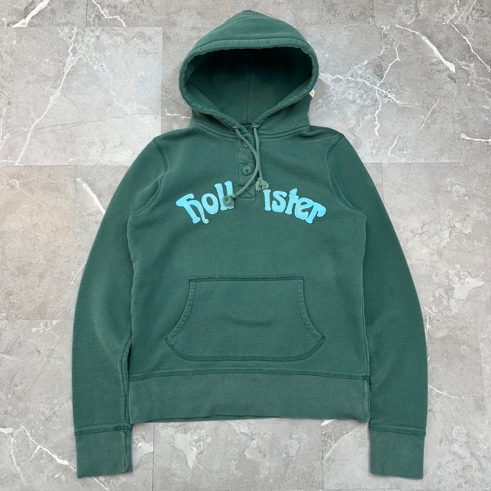 Vintage Hollister Hoodie Womens Large Green Pullover Sweatshirt Henley Surf Y2K